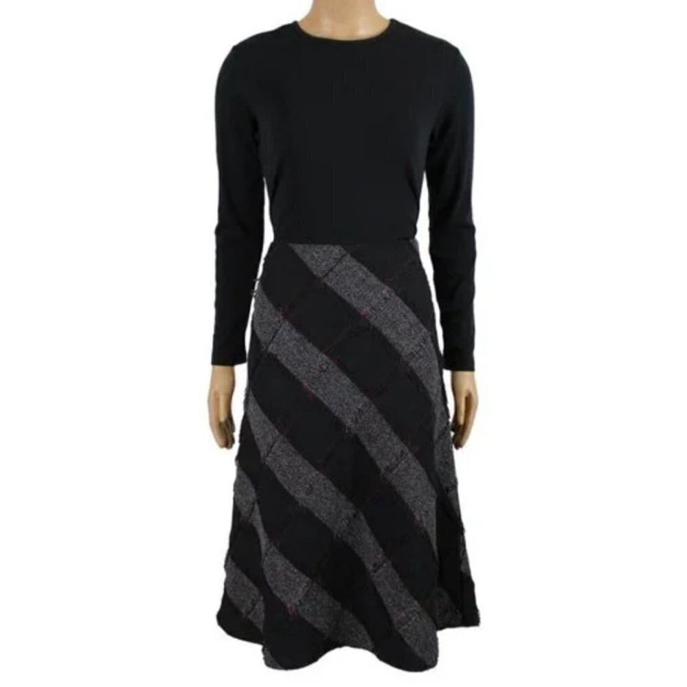 Denver Hayes Diagonal Stripe Patchwork Fringe Midi Dress Black Grey Red Sz 8